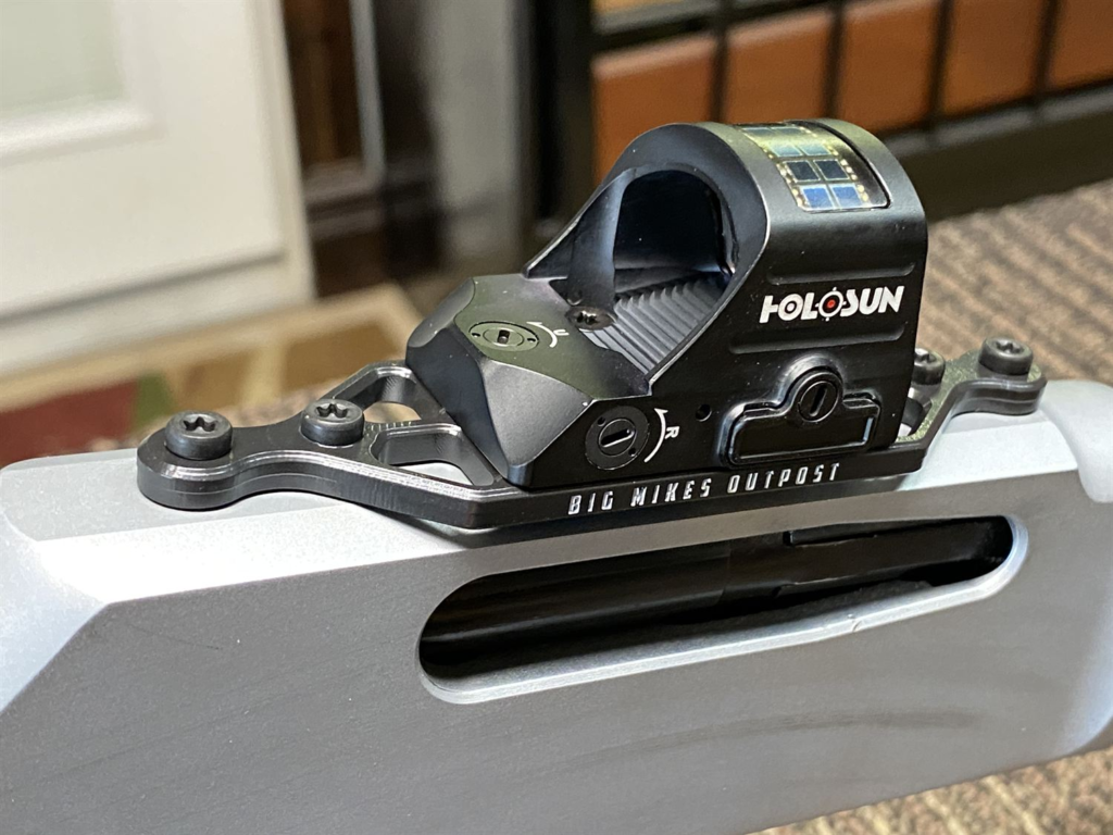 Holosun red dot on a Big Mike's Outpost mount on a lever-action rifle