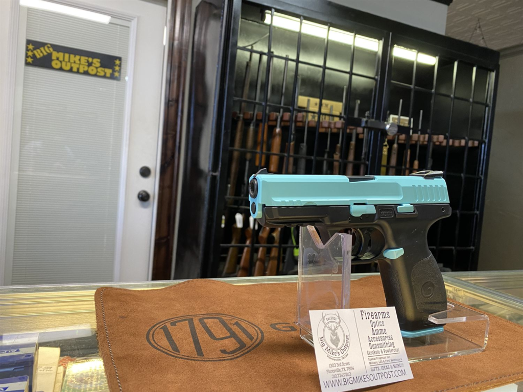 Robin's-egg blue pistol